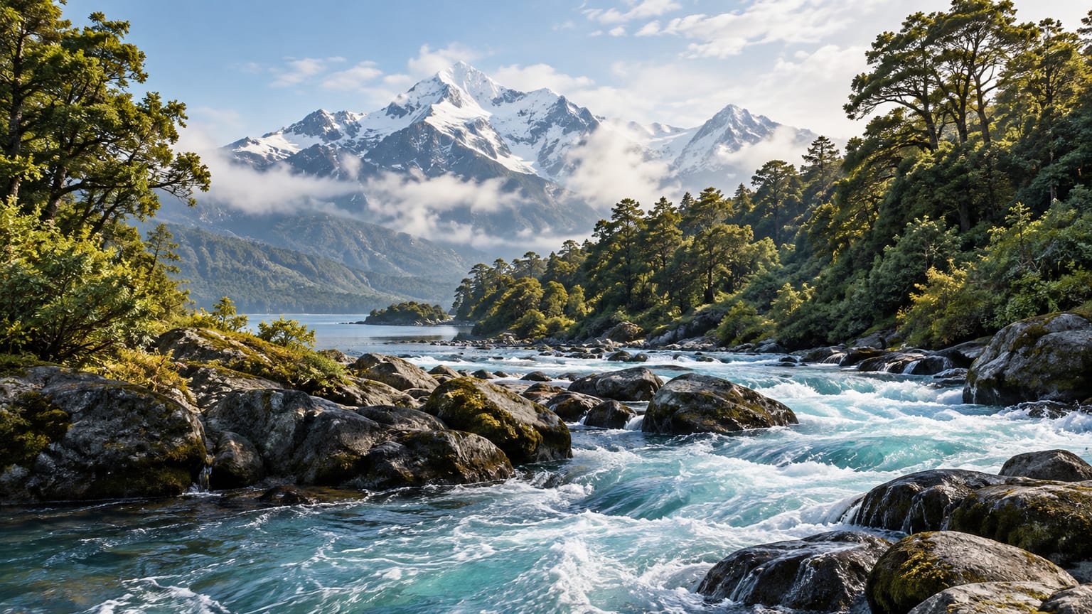 Ilustración de inspiración patagónica con río, bosque nativo, lago y montañas nevadas; no es una fotografía documental.